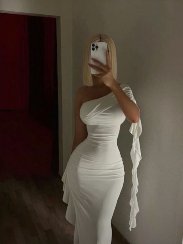 White One Shoulder Long Evening Dresses Prom Gown S6977