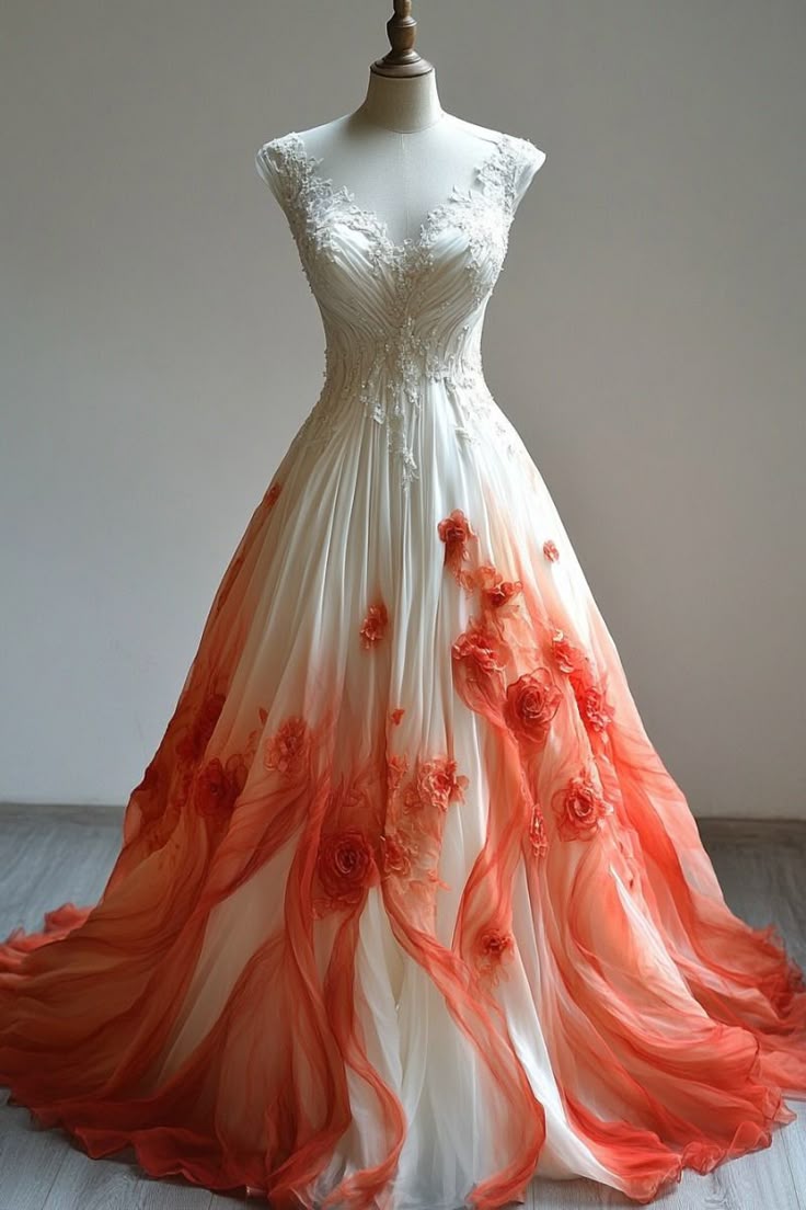 A Line Ombre V Neck Long Wedding Dresses Long Bridal Gown S7163