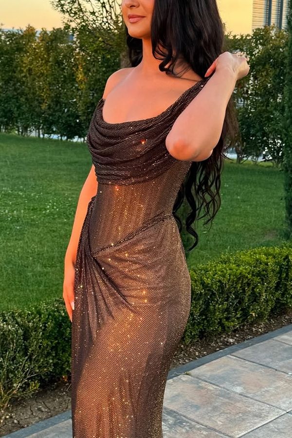 Glitty Asymmetrical Ruched Slit Long Sequin Dress S6955