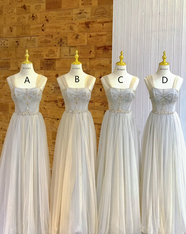 Light blue spaghetti-strap waist-cinched slim-fit ball gown, bridesmaid dress R5928