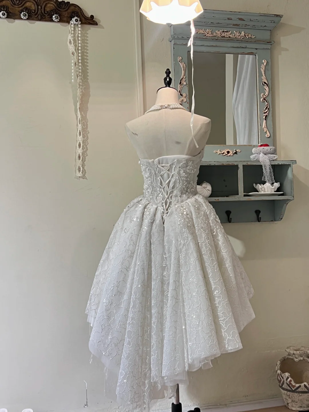 White tube top retro beaded waist slimming and large skirt princess dress homecoming dress R4345