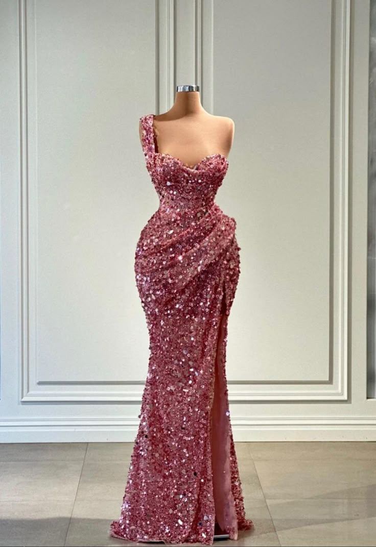 Pink Sequin One Shoulder Elegant Evening Gowns Long Prom Dress S7229
