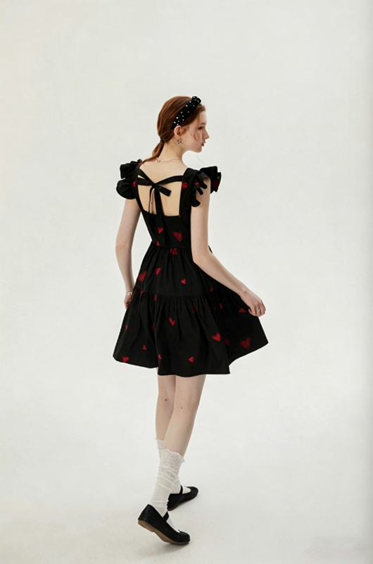 Black Heart Embroidered Mini Dress Women With Ruffled Cap Sleeves R9463