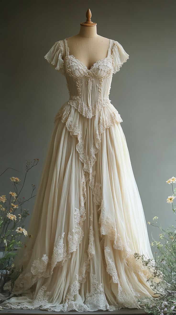 A Line Tulle Lace Wedding Dress Vintage Long Evening Dress S7122