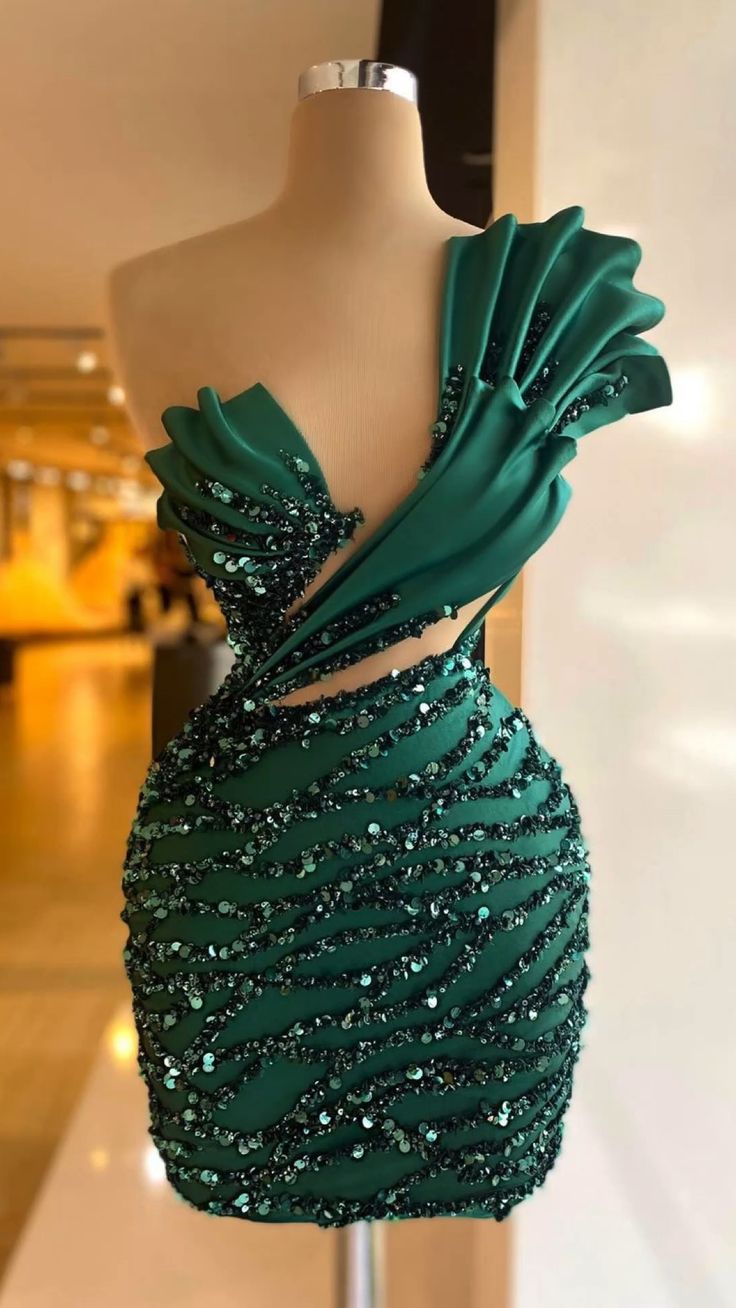Green Sequin Evening Dresses One Shoulder Short Party Dress S7253