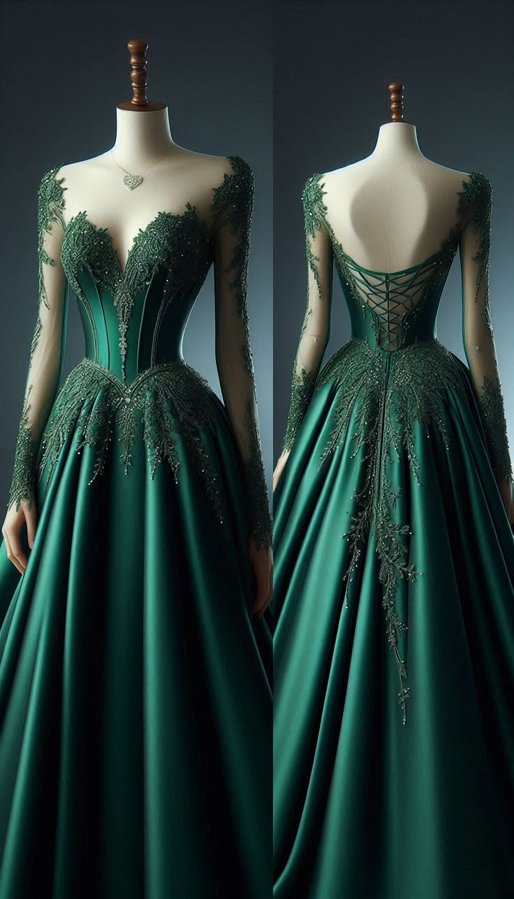 Green Satin Appliques Evening gowns, Long Prom Dress S7154