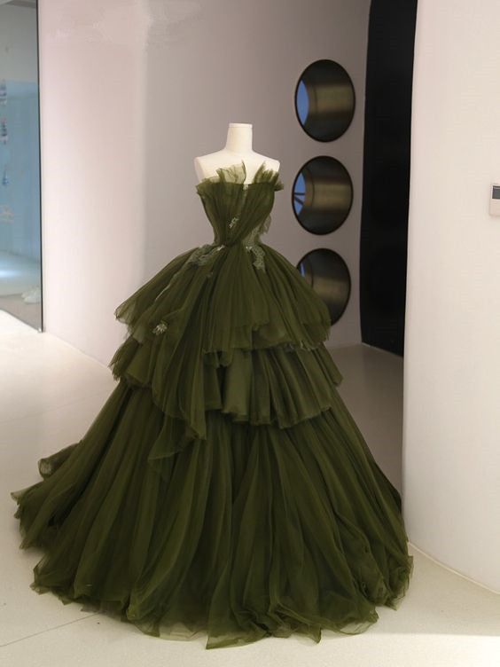 Ball Gown Strapless Tulle Long Green Prom Dress Evening Dress S5358