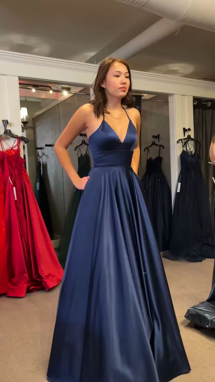 Navy blue long party prom dress, long evening gown S7002