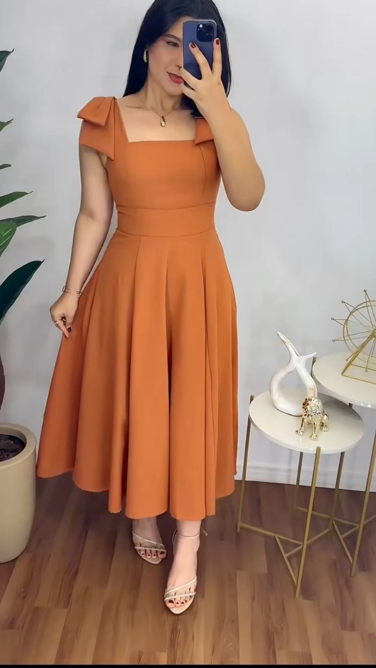 A Line Orange Square Neck Midi Evening Dress, Prom Dress S7005