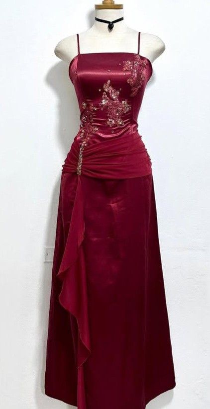 Burgundy Spaghetti Straps Evening Dress Long Prom Dresses S7085