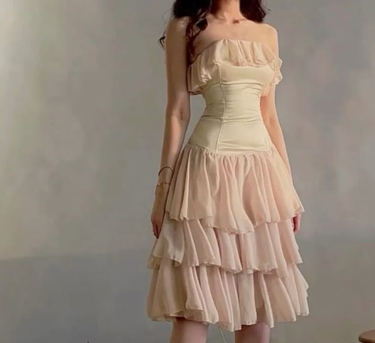 Apricot pink one-shoulder tube top waist slimming slimming mid-length skirt homecoming dress R4079