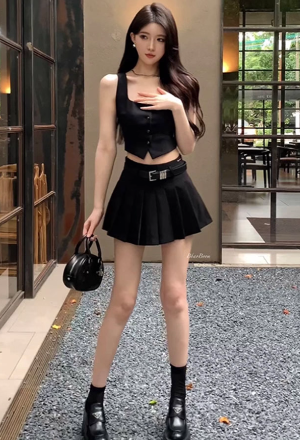 High-end short vest vest top 2025 plus size hot girl street pleated skirt suit R1368