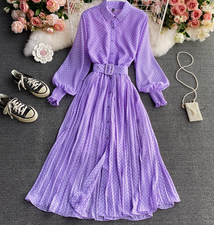 Polka dot chiffon shirt collar dress new style gentle style waist large swing pleated long skirt R0316