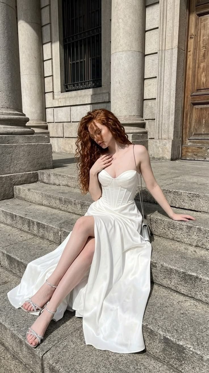 Silky High-slit Flowy Prom Gown White Women's Corset Maxi Birthday Dress Party Dress RS3053