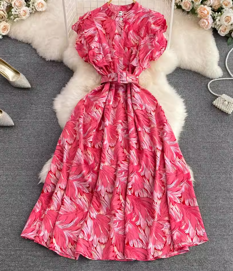 Gentle style stand-up collar, slim waist, printed A-line long swing dress 2025 high waist elegant long skirt R0359