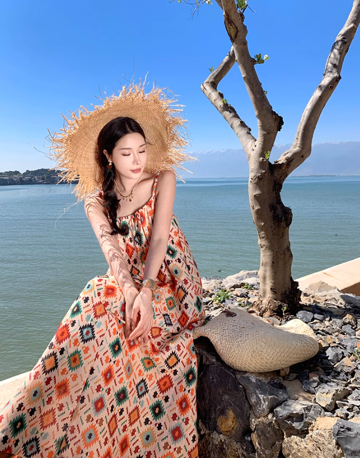 National style retro floral suspender dress temperament loose A-line long skirt R0615