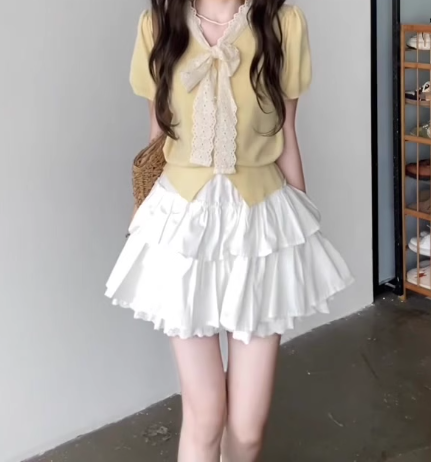 Suit skirt gentle temperament beautiful short-sleeved T-shirt A-line short skirt two-piece suit R0823