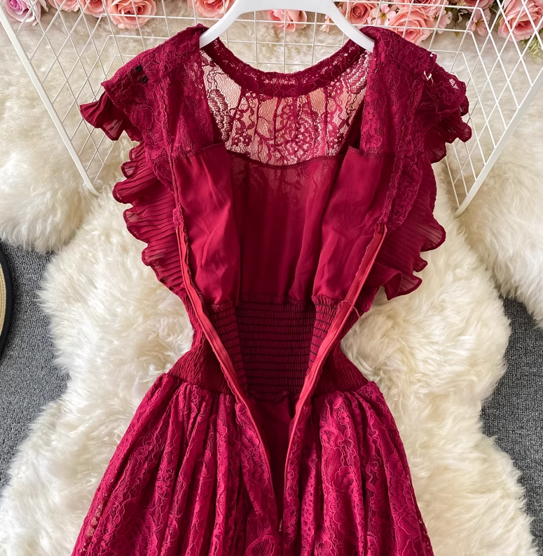 Lace round neck dress long sleeves fashionable slim fit elegant ruffled long skirt dress skirt R0396