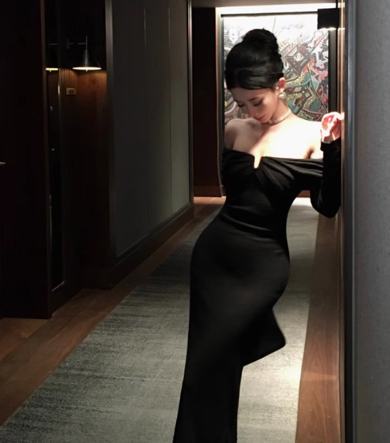 Tube Top Dress Long Sleeves Temperament Slim Fit Hip-hugging Black Long Dress R1522