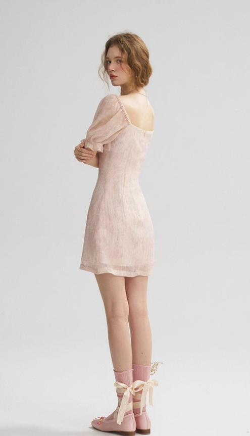 French style pink sweet dress puff sleeve square neck short skirt waist short skirt female summer R3555