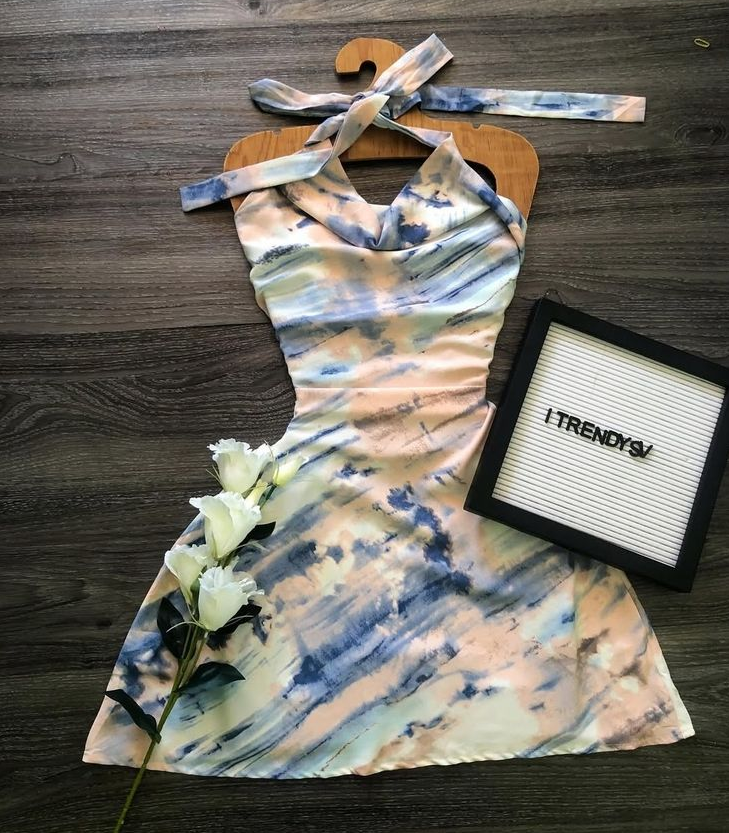 Pink and blue tie-dyed halter neck waist A-line short skirt homecoming dress R3256