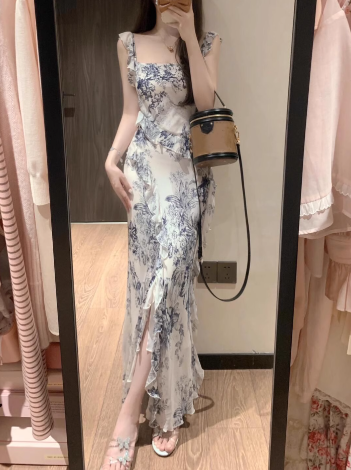 Ink painting suspender dress new style high-end feeling super beautiful tea break French long skirt R0463