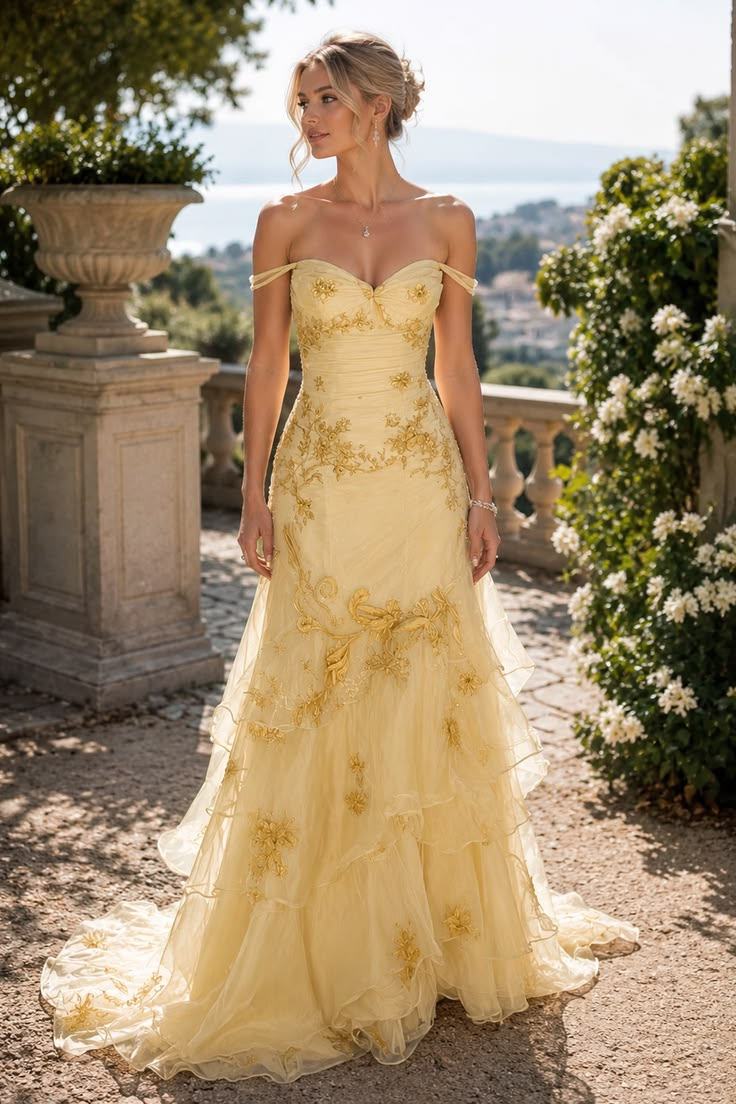 Stunning Frilled Embroidered Prom Gown Pastel Yellow Women's Corset Maxi Birthday Dress — Fall Outfit 2026 New RS3091