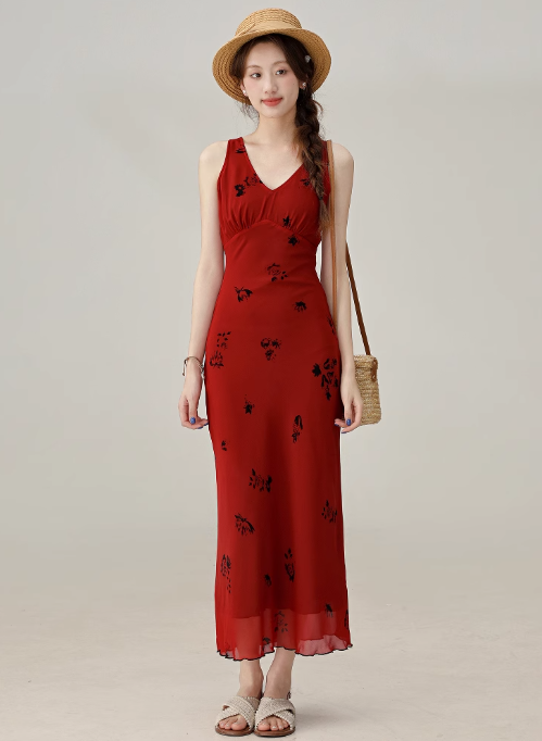 French retro V-neck red vest dress summer waist slimming skirt R1923