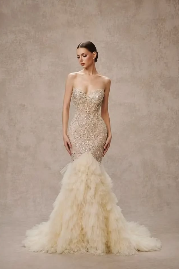 Mermaid Tweed Bodycon Prom Gown , High End Women's Maxi Evening Dress Ball Gown RS2396