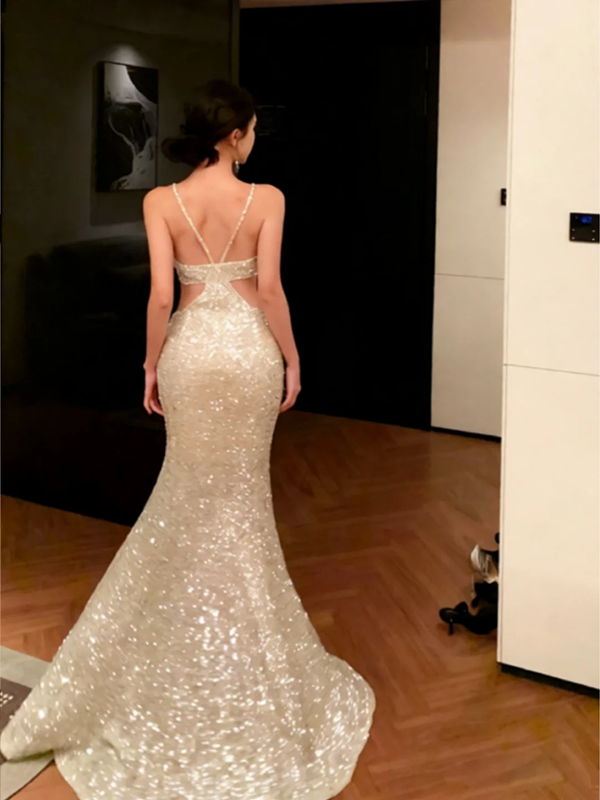 Silver sequined halter-neck fitted bodycon sexy long ball gown R8667