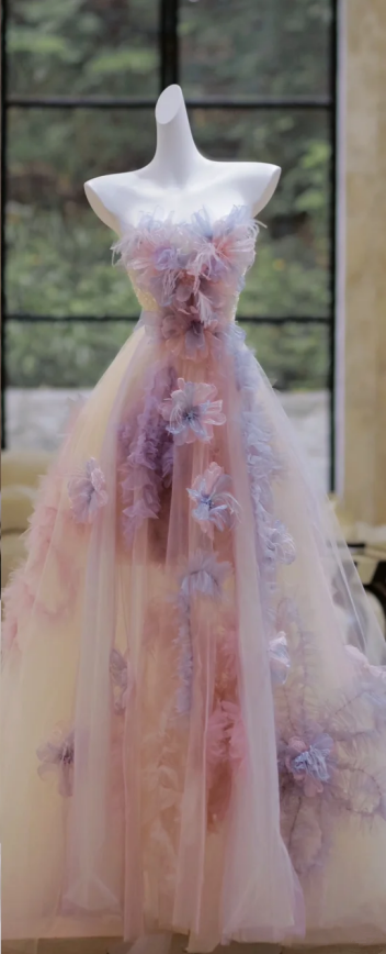 Pink and purple three-dimensional flower tube top waist slim ball gown bridal gown R5798