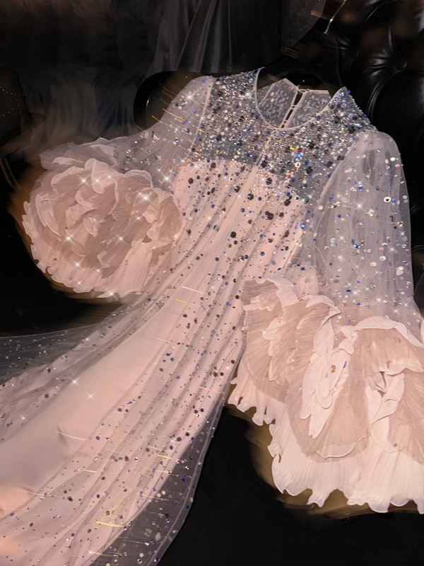 Light apricot round neck long sleeve fitted waist long ball gown, bridal dress R8761