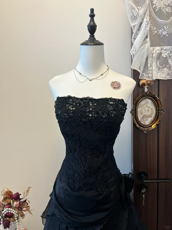 Black strapless lace waist slim A-line asymmetrical skirt elegant mid-length skirt homecoming dress R4293