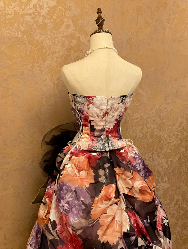 Vintage Floral Print Strapless Waist-Cinched Slim-Fit Floor-Length Ball Gown, Bridal Gown R7360