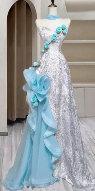 Silver strapless fitted waist blue floral sexy long ball gown R6433