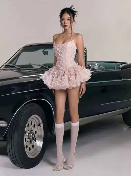 Pink cute tube top waist sexy puffy skirt homecoming dress R4778