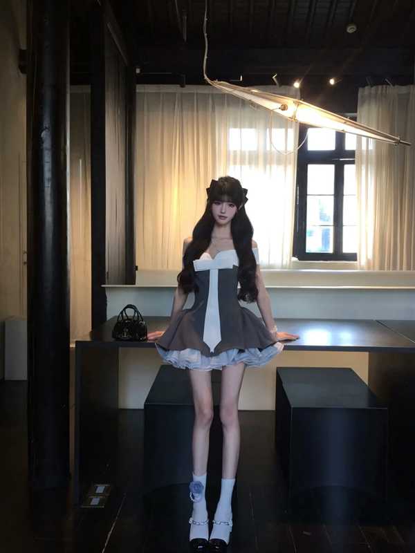 Gray tube top waist slim fit A-line high-end puffy skirt homecoming dress R5064