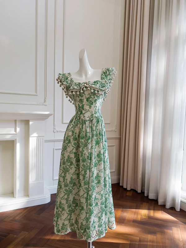 Green floral square neck slim waist long dress homecoming dress R5102