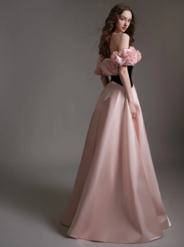 French Chic Blackpink A-Line Flower-Strapless Corset Maxi Prom Dress Evening Dress RS416