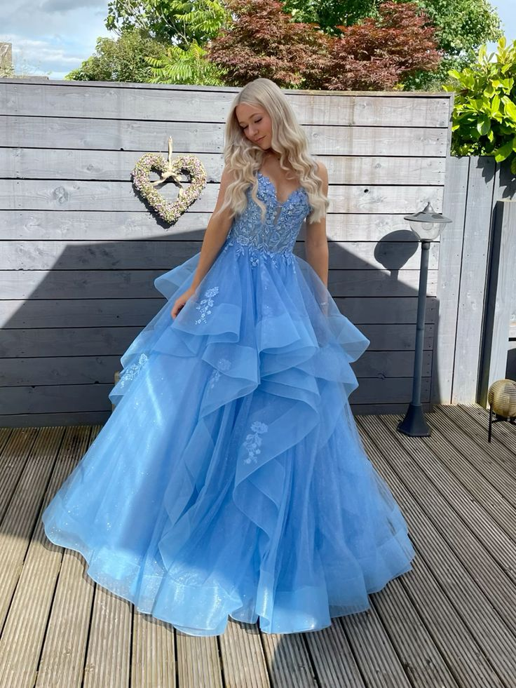 Puffy Tulle Layered Embroidered Women's Prom Gown Blue Waist Fitted Maxi Evening Dress Birthday Dress — Fall Outfit 2026 New RS3277