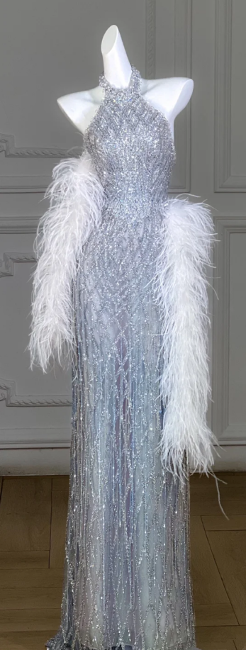 Silver Diamond Halter Neck Slim Waist Long Bridal Dress R5799