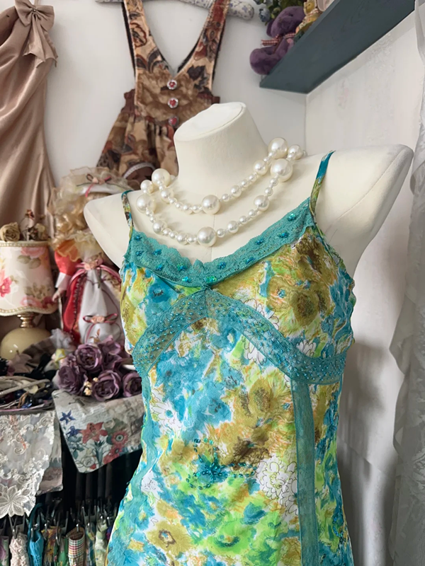 Light green suspender floral waist slim fit cute sexy skirt prom dress R6156