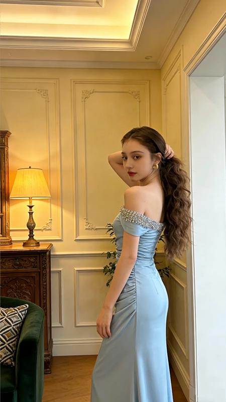 Light blue off-the-shoulder rhinestone-embellished fitted mermaid skirt elegant ball gown R8608