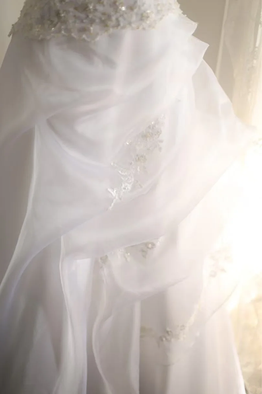 White halter-neck, fitted waist, beaded long ball gown/bridal dress R6834