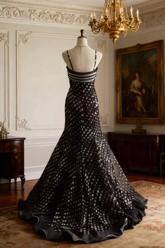 Black polka dot padded waist fitted long ball gown R6716