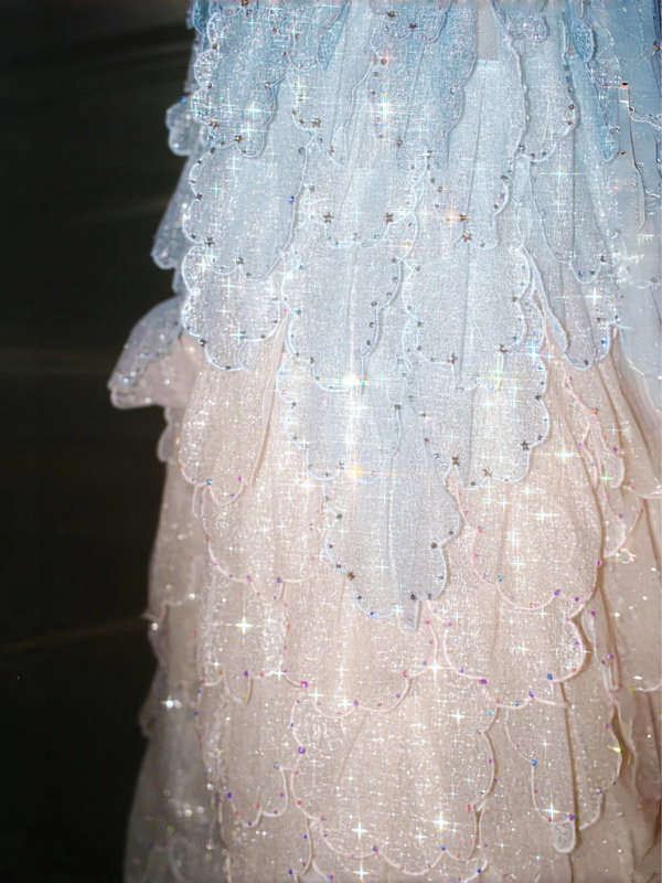 Blue and pink stitching one-shoulder waisted A-line sequined maxi dress, prom dress R5645