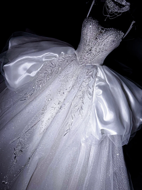 White suspender diamond waist slim fit puffy skirt long dress bridal dress R5722