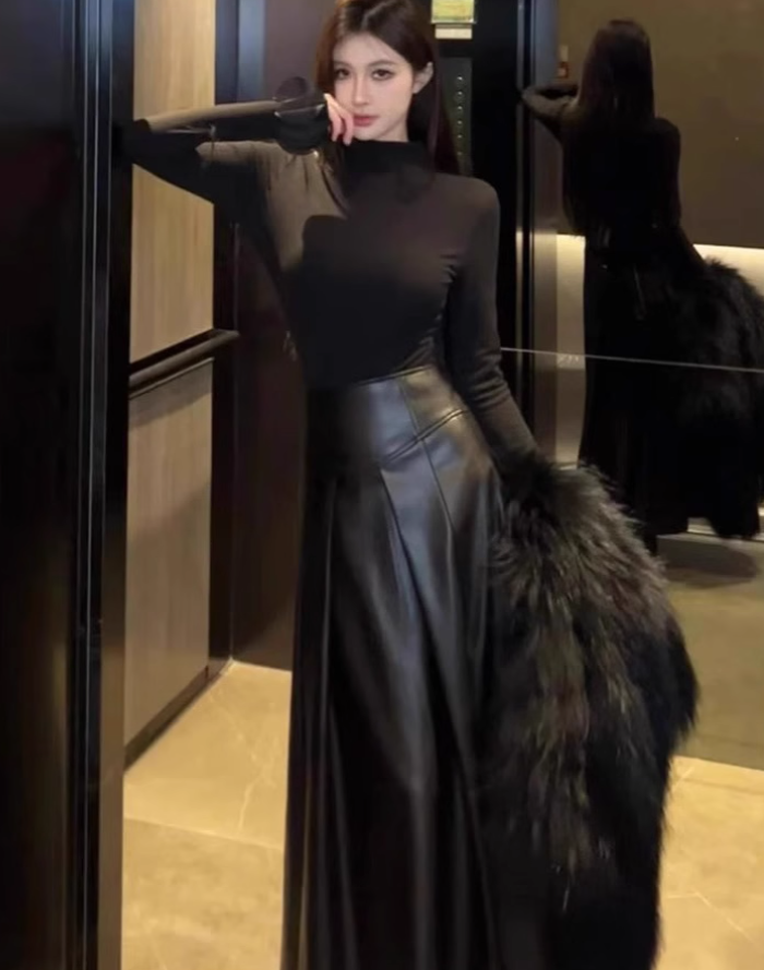 Royal sister style high collar bottoming top 2025 large size high-end A-line leather skirt suit R1404