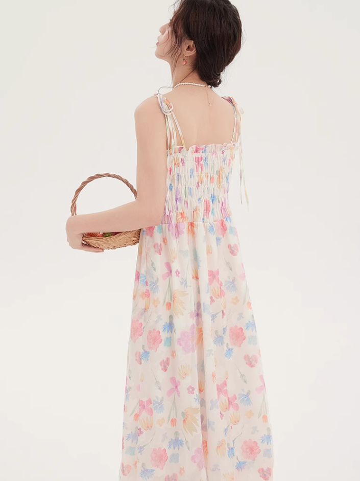 Floral suspender skirt plus cardigan two-piece suit 2025 new French seaside dress R2377