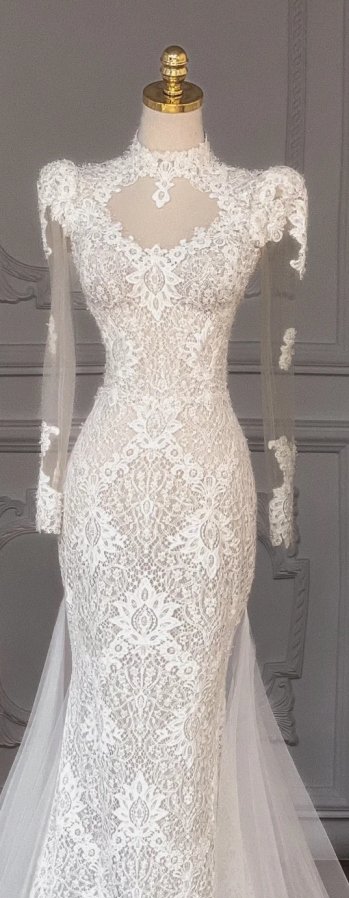 White lace long sleeve slim waist hip long dress bridal gown R5764